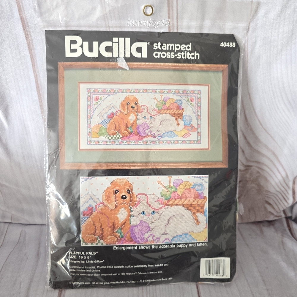 Bucilla Stamped Cross Stitch Kit Playful Pals 40488 Dog Cat Sealed 1990